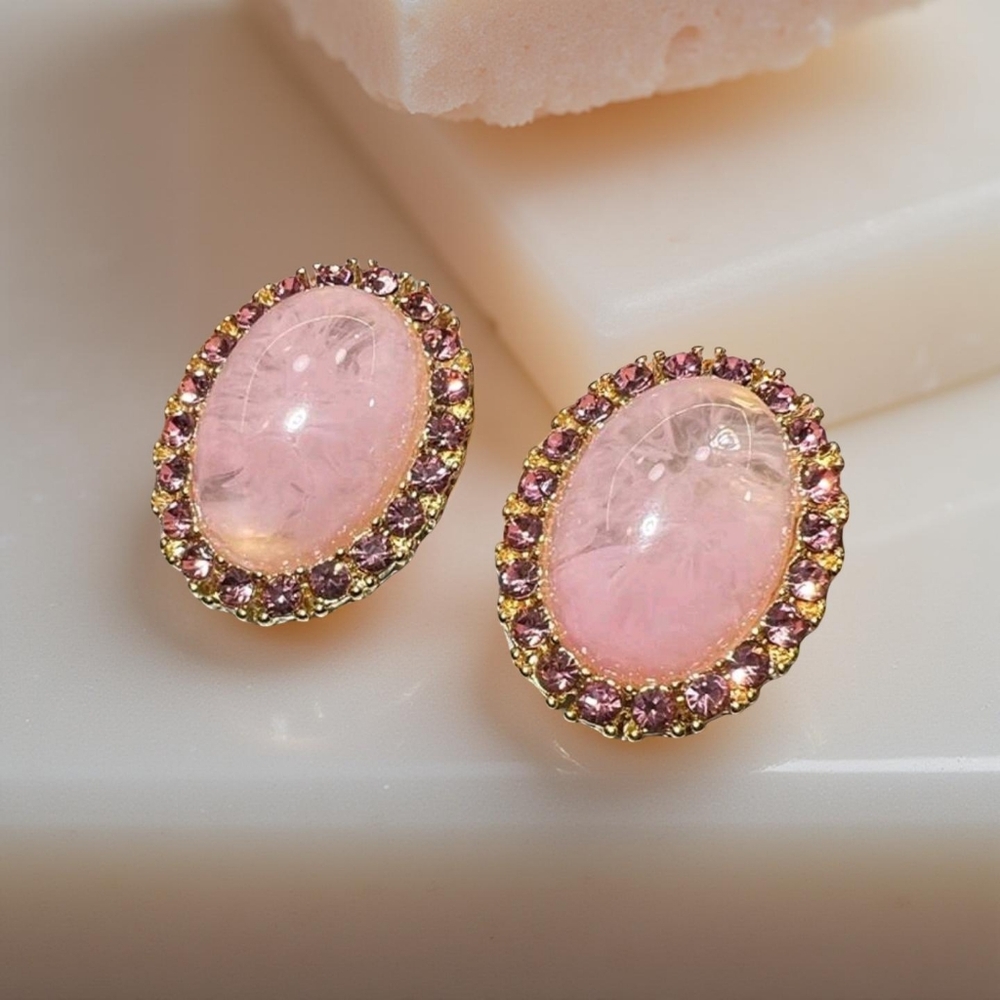 Large Pink Resin Cabochon Pink Rhinestone Halo Gold Stud Earrings Statement; NWO